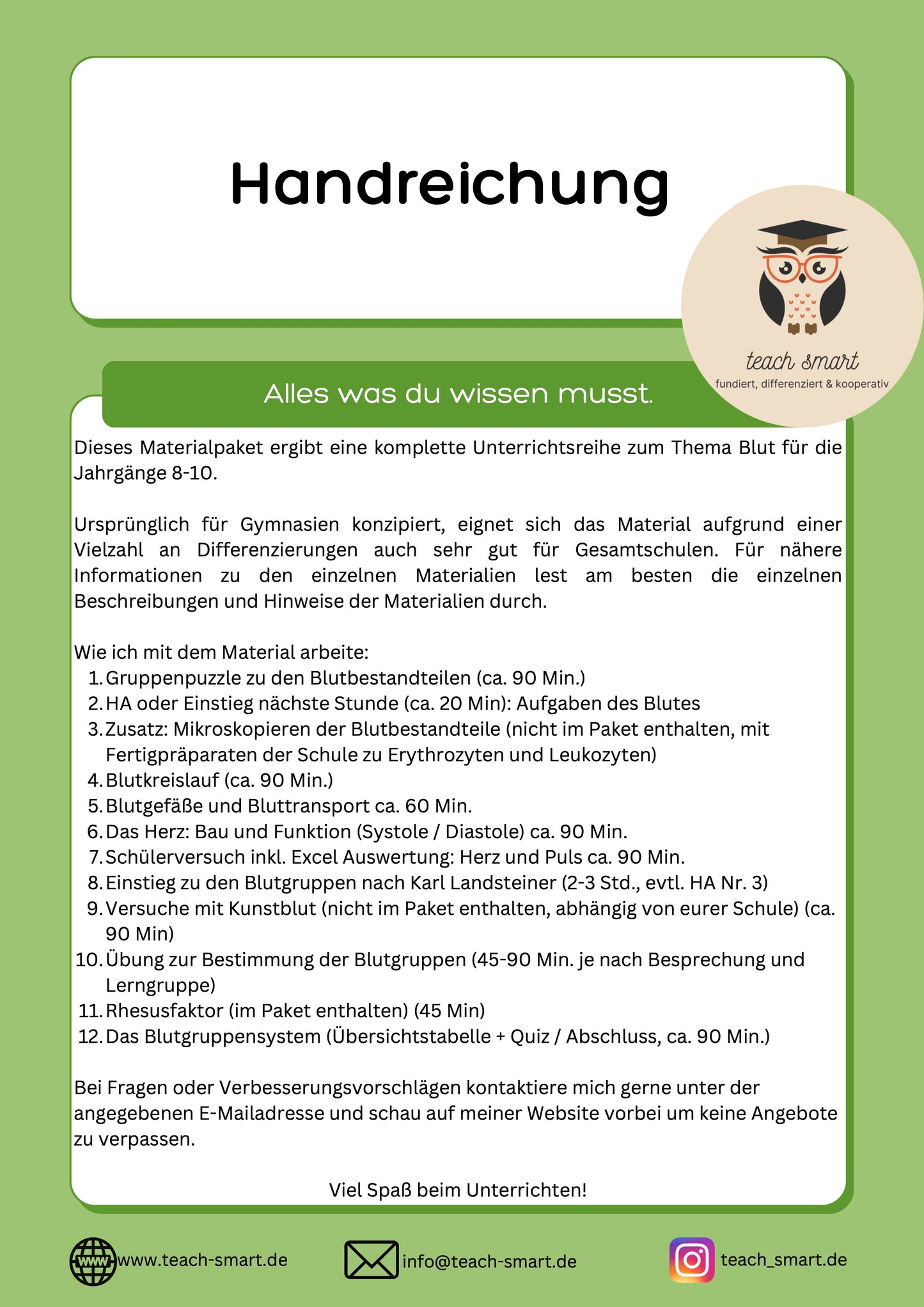 Materialpaket: Unterrichtsreihe Blut Jahrgang 8 - 10 Biologie